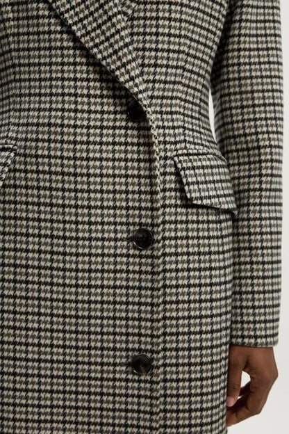 Wool Blend Houndstooth Tailored Fitted Maxi Coat