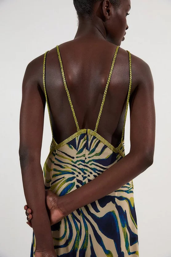 Animal Print Georgette Embellished Strappy Woven Maxi Dress