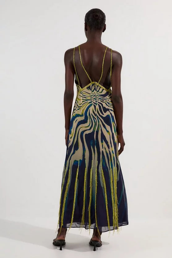 Animal Print Georgette Embellished Strappy Woven Maxi Dress