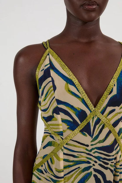 Animal Print Georgette Embellished Strappy Woven Maxi Dress