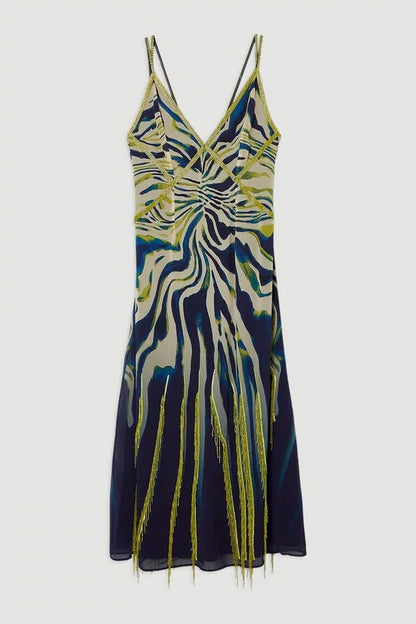 Animal Print Georgette Embellished Strappy Woven Maxi Dress