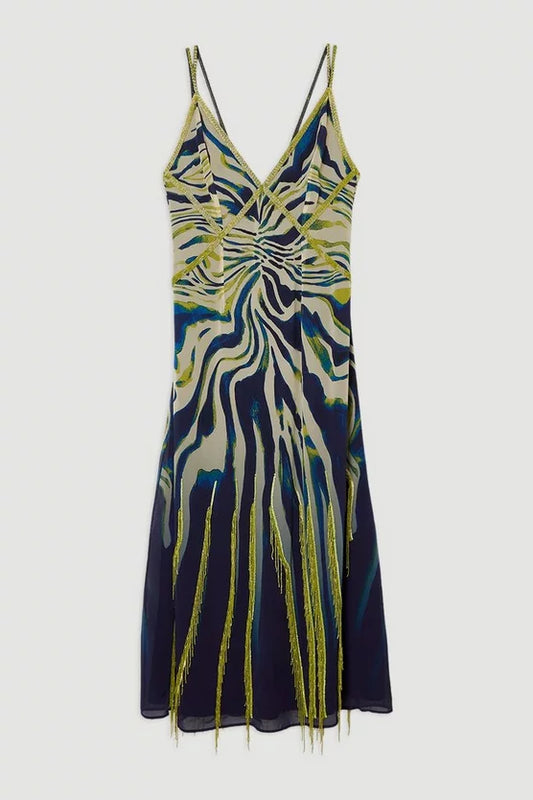 Animal Print Georgette Embellished Strappy Woven Maxi Dress