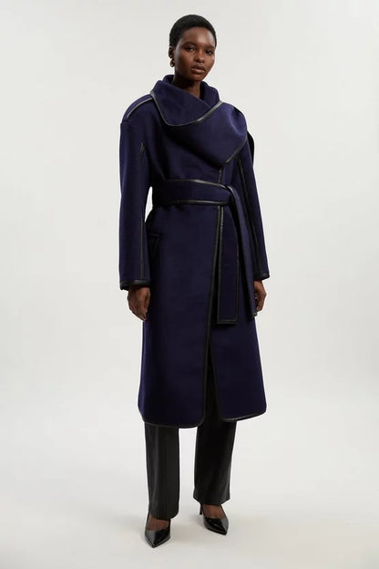 Brushed Wool Pu Mix Scarf Neck Belted Tailored Maxi Coat