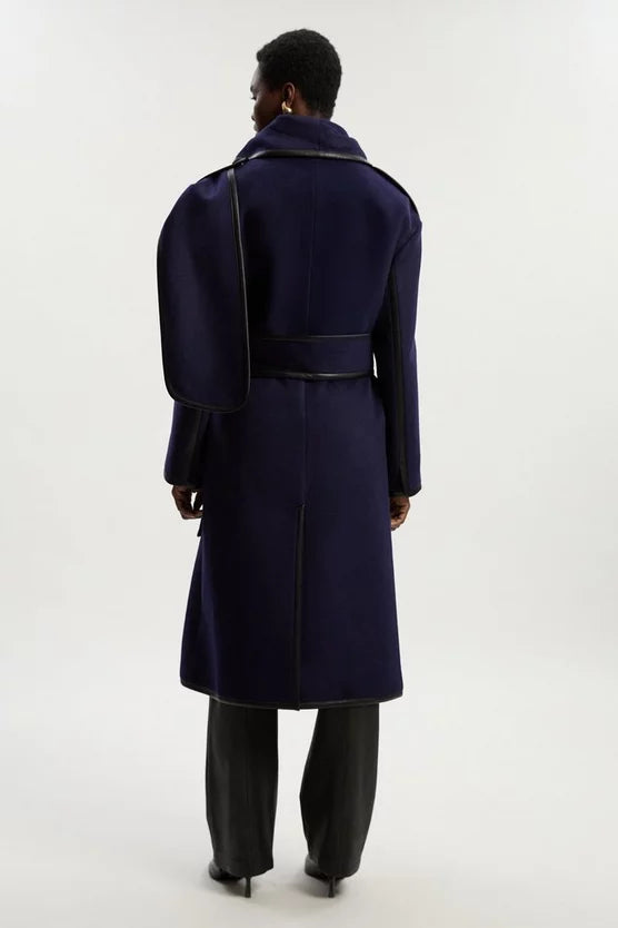 Brushed Wool Pu Mix Scarf Neck Belted Tailored Maxi Coat