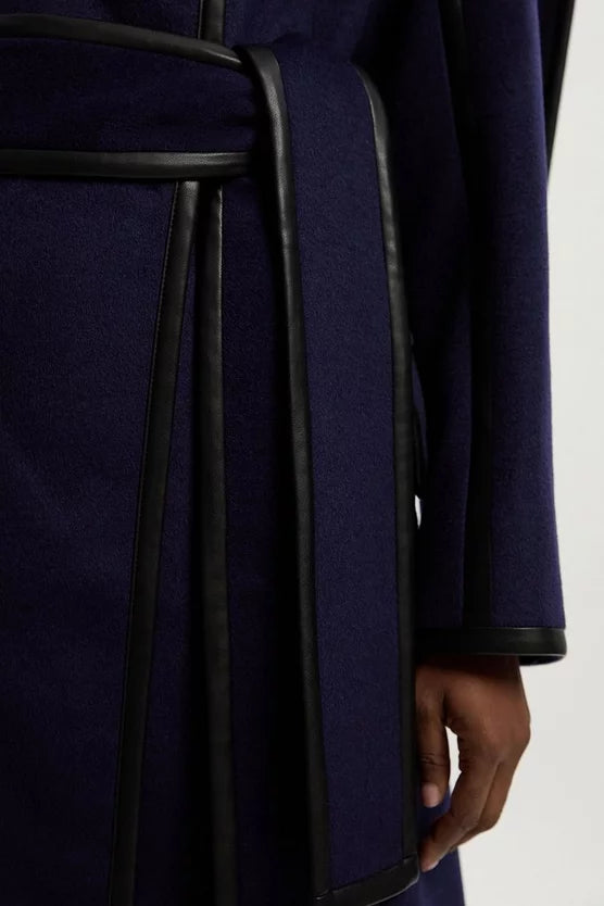 Brushed Wool Pu Mix Scarf Neck Belted Tailored Maxi Coat