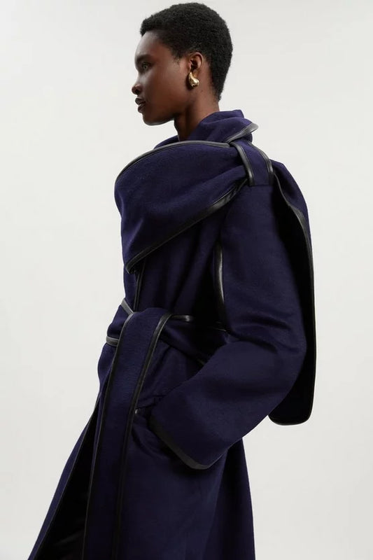 Brushed Wool Pu Mix Scarf Neck Belted Tailored Maxi Coat