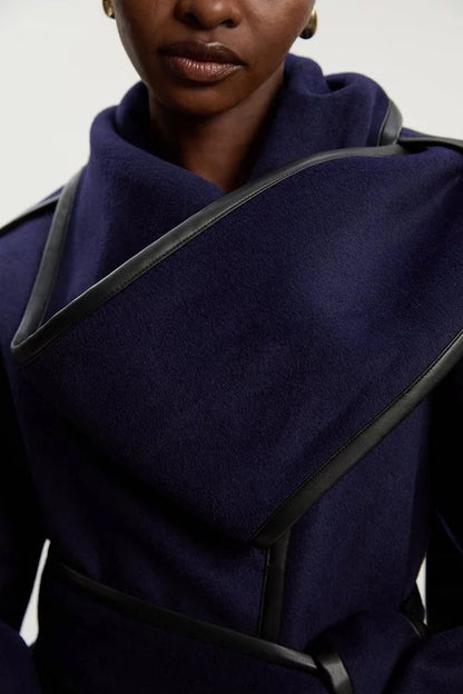 Brushed Wool Pu Mix Scarf Neck Belted Tailored Maxi Coat