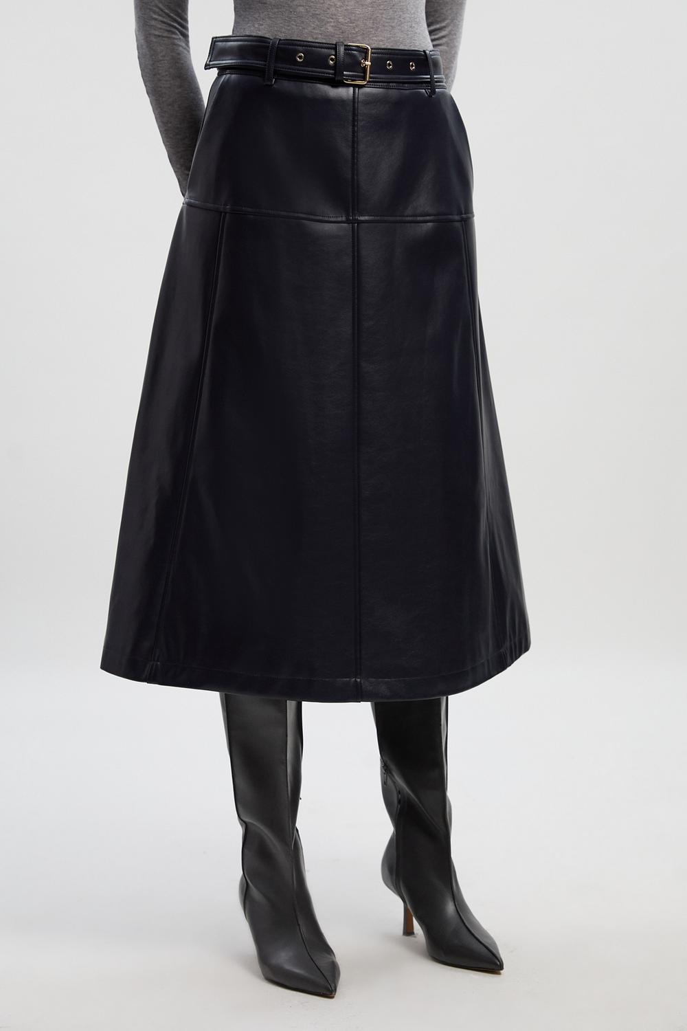 Faux Leather Belted Full Skirt
