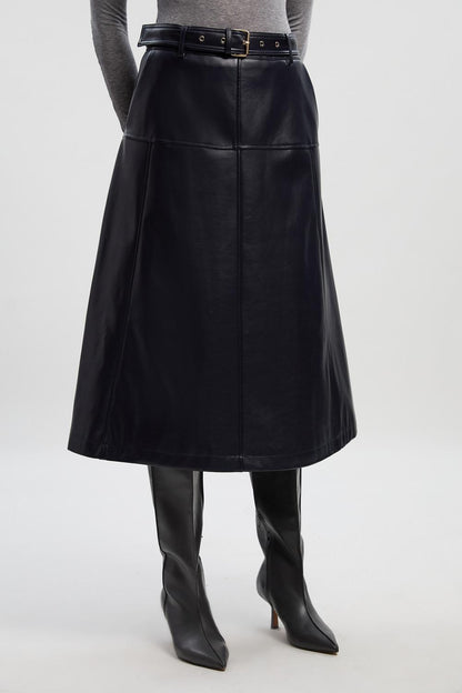 Faux Leather Belted Full Skirt