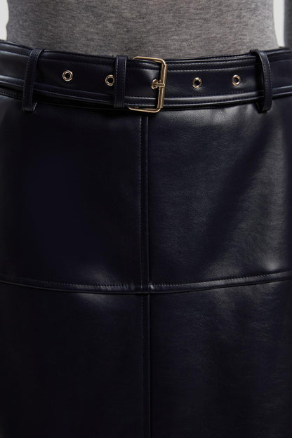 Faux Leather Belted Full Skirt