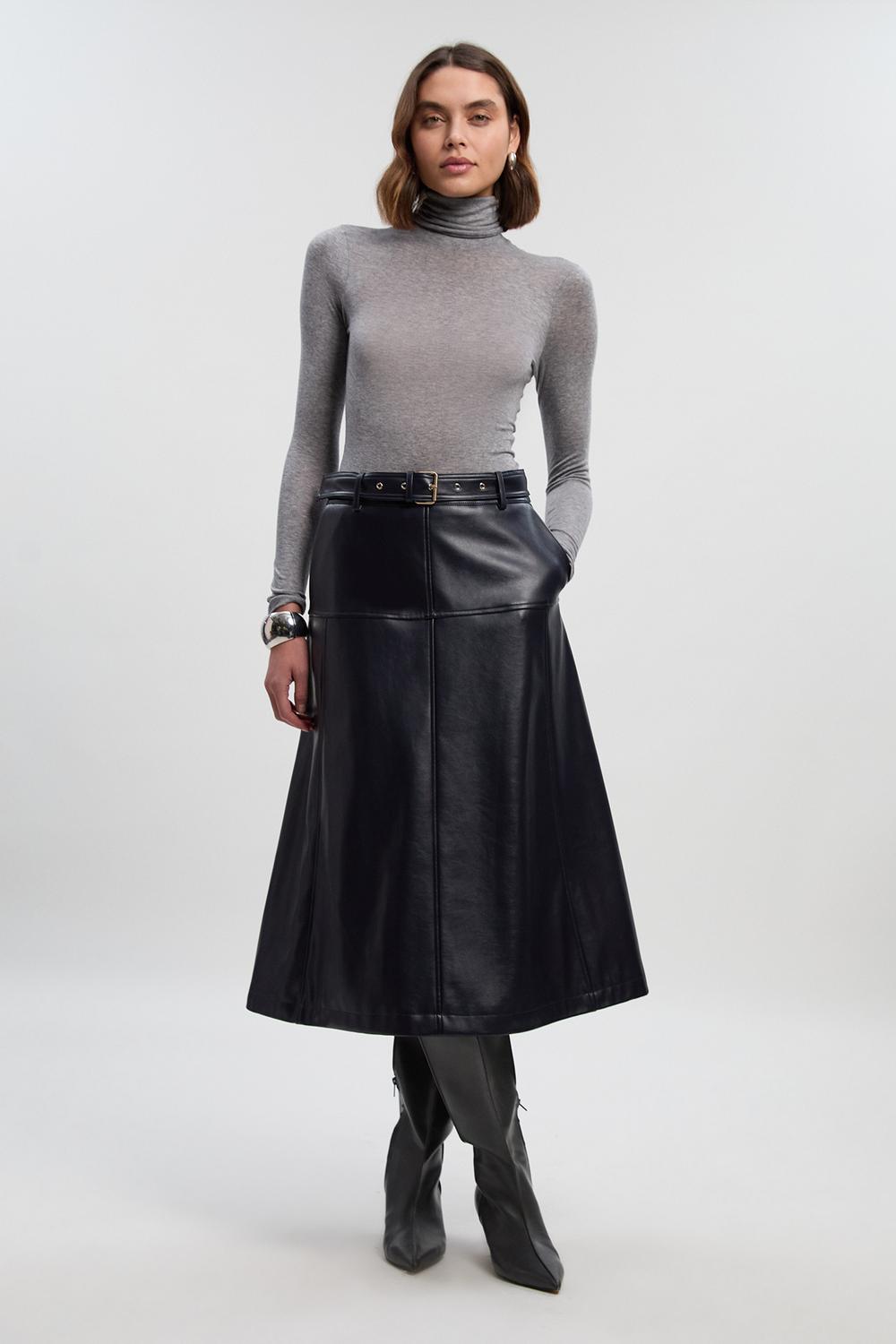 Faux Leather Belted Full Skirt