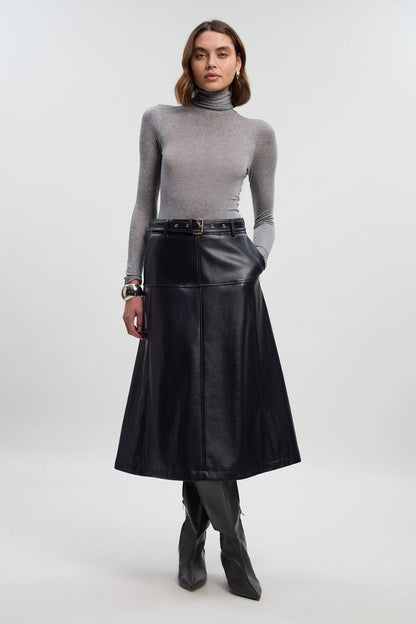 Faux Leather Belted Full Skirt