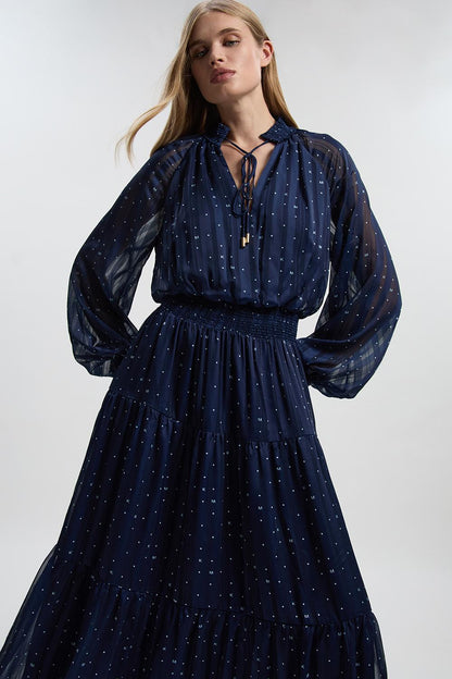 Print Shirred Detail Dobby High Neck Woven Maxi Dress