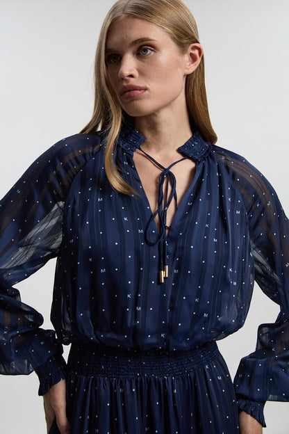 Print Shirred Detail Dobby High Neck Woven Maxi Dress