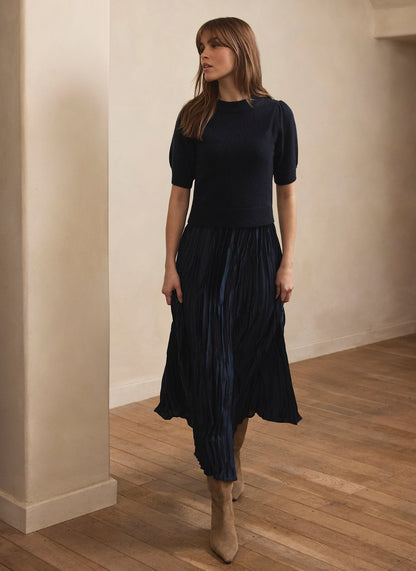 Navy Knit Puff Sleeve Maxi Dress