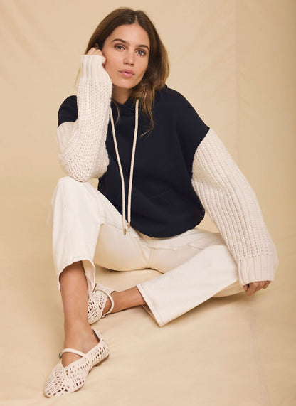 Navy Cotton Blend Contrast Sleeve Hoodie