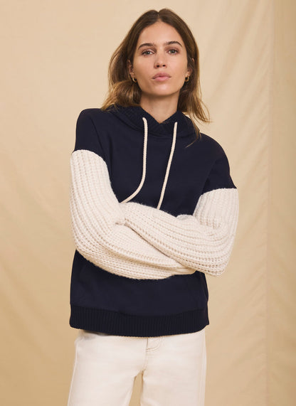 Navy Cotton Blend Contrast Sleeve Hoodie