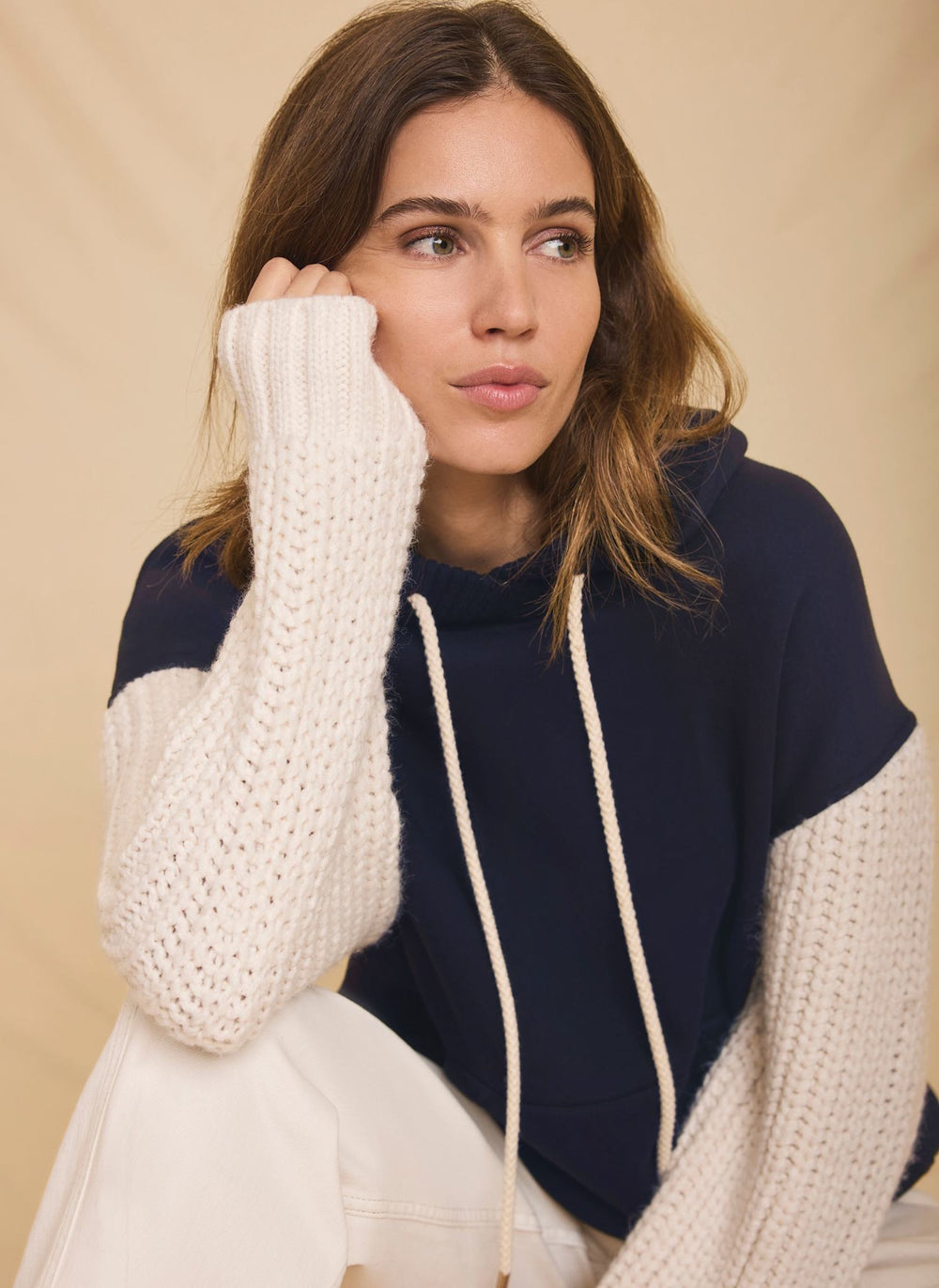 Navy Cotton Blend Contrast Sleeve Hoodie