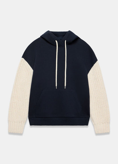 Navy Cotton Blend Contrast Sleeve Hoodie