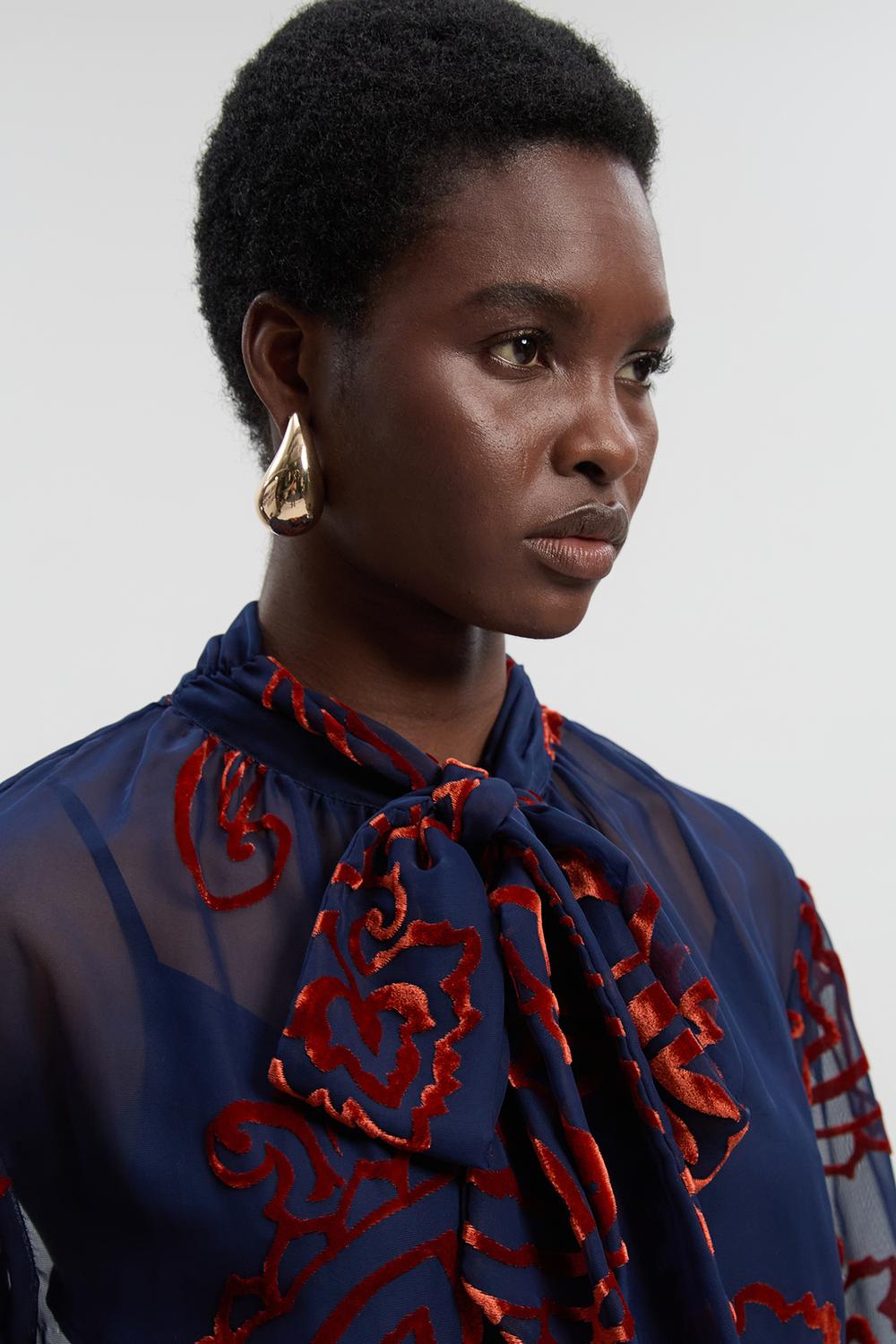 Paisley Devore Woven Pussy Bow Blouse