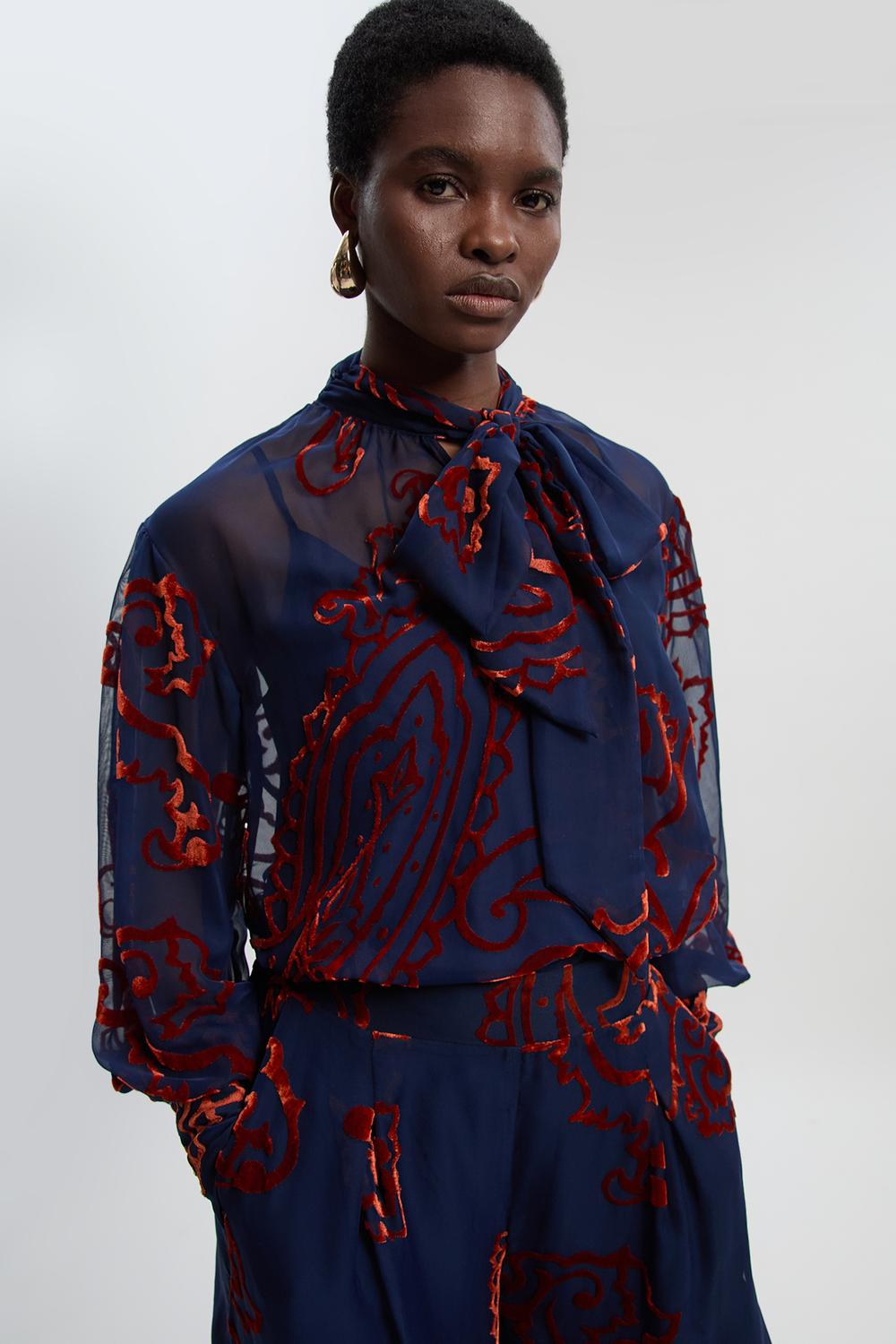 Paisley Devore Woven Pussy Bow Blouse