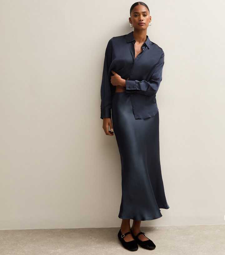 Navy Satin Bias Cut Midi Skirt