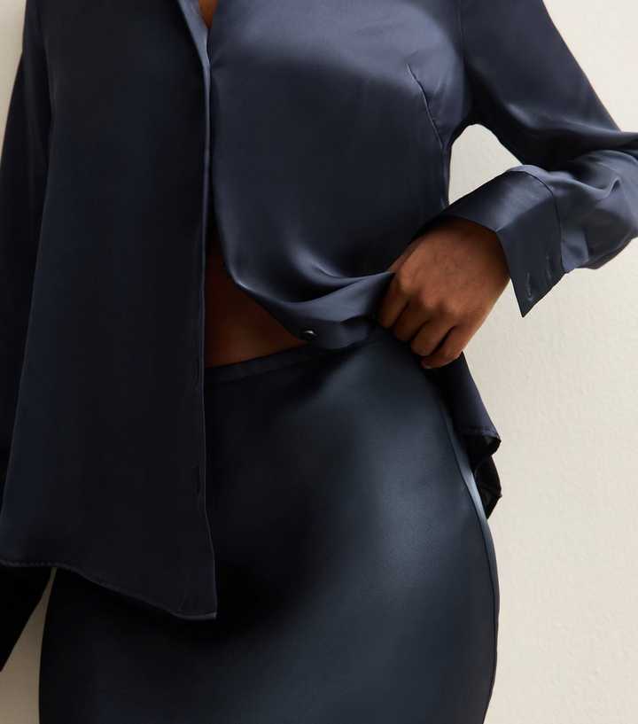 Navy Satin Bias Cut Midi Skirt