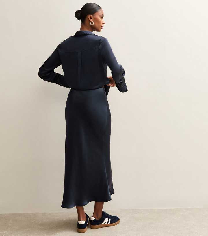Navy Satin Bias Cut Midi Skirt