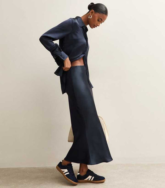 Navy Satin Bias Cut Midi Skirt