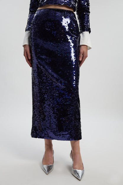 Sequin Front Split Woven Midi Skirt