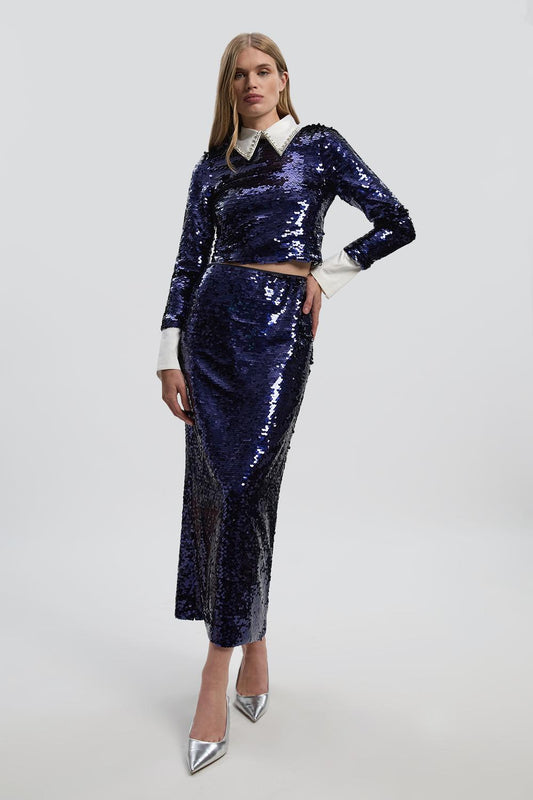 Sequin Front Split Woven Midi Skirt
