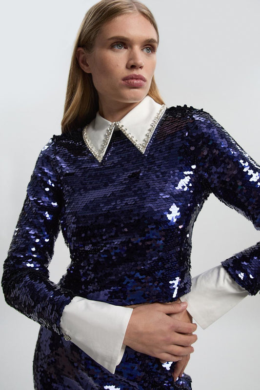 Sequin Woven Long Sleeve Woven Cropped Top