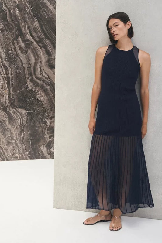 Sleeveless Viscose Blend Knitted Dress With Sparkle Sheer Details