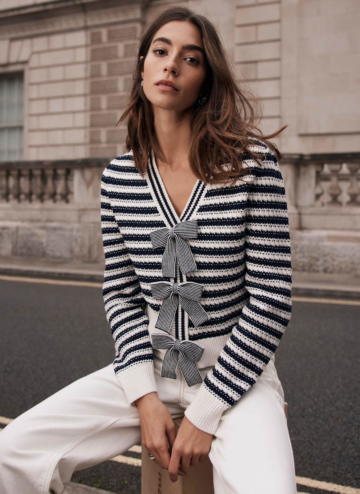 Navy Striped Cotton Blend Bow Cardigan