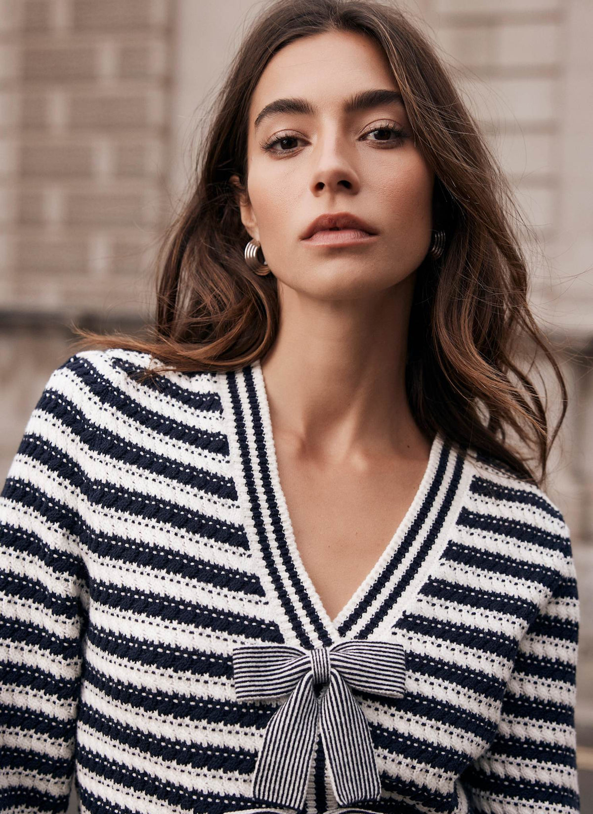 Navy Striped Cotton Blend Bow Cardigan