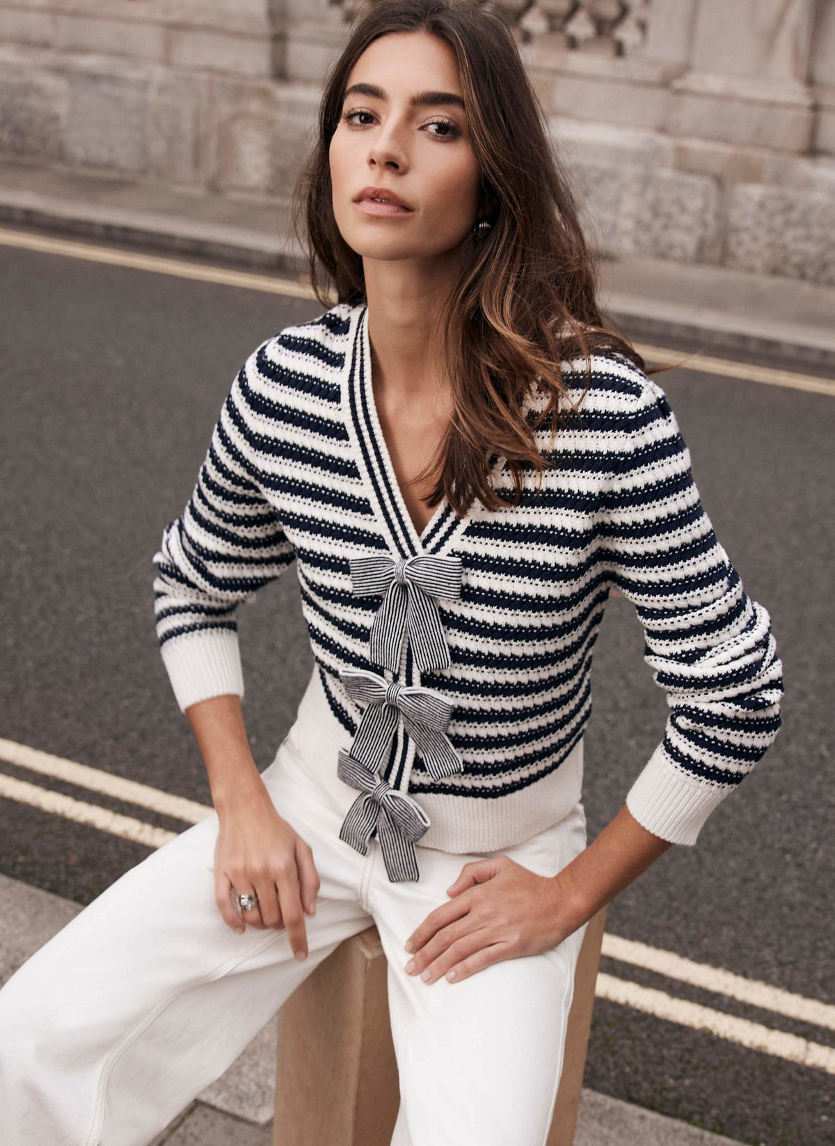 Navy Striped Cotton Blend Bow Cardigan