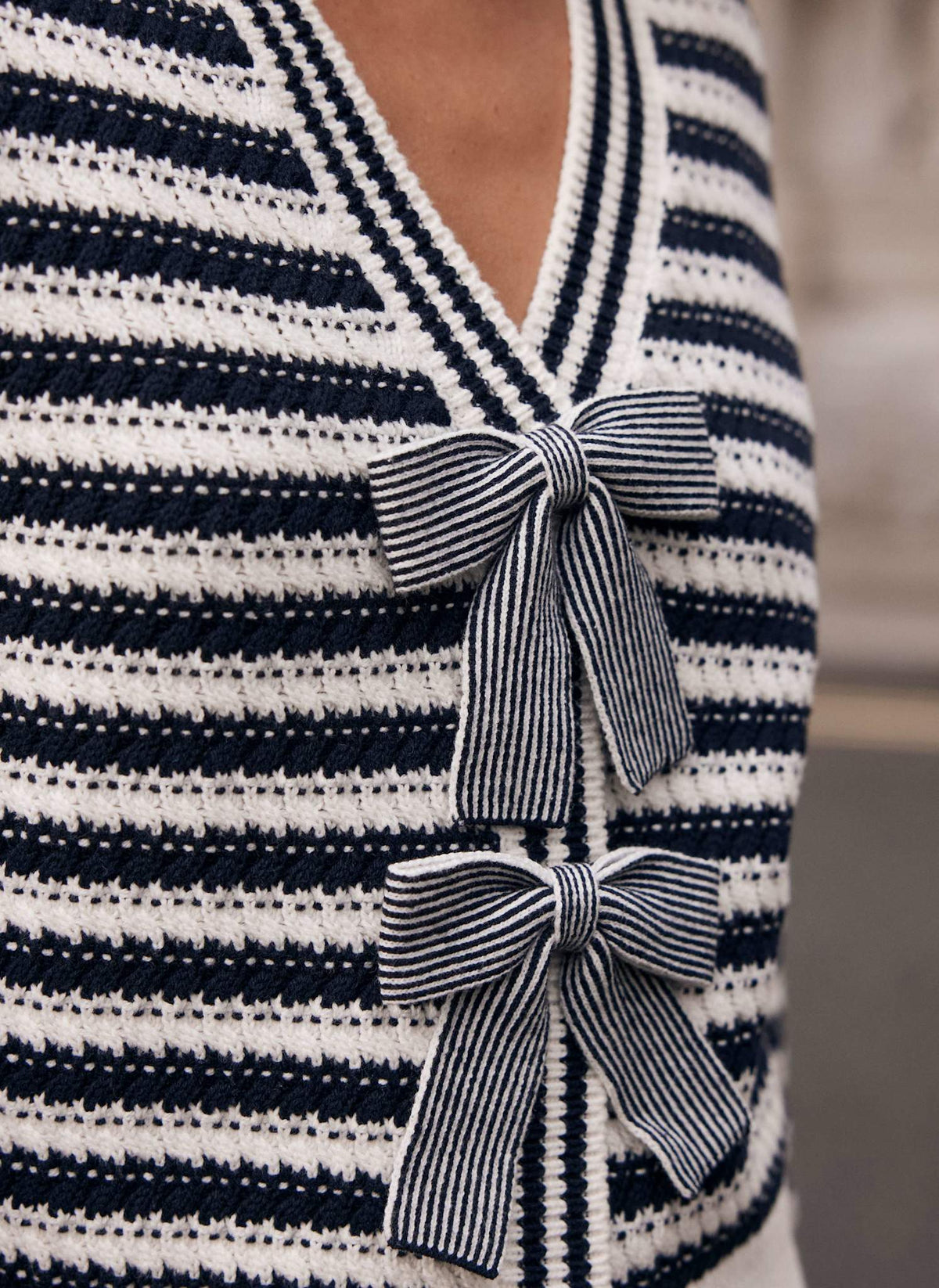 Navy Striped Cotton Blend Bow Cardigan