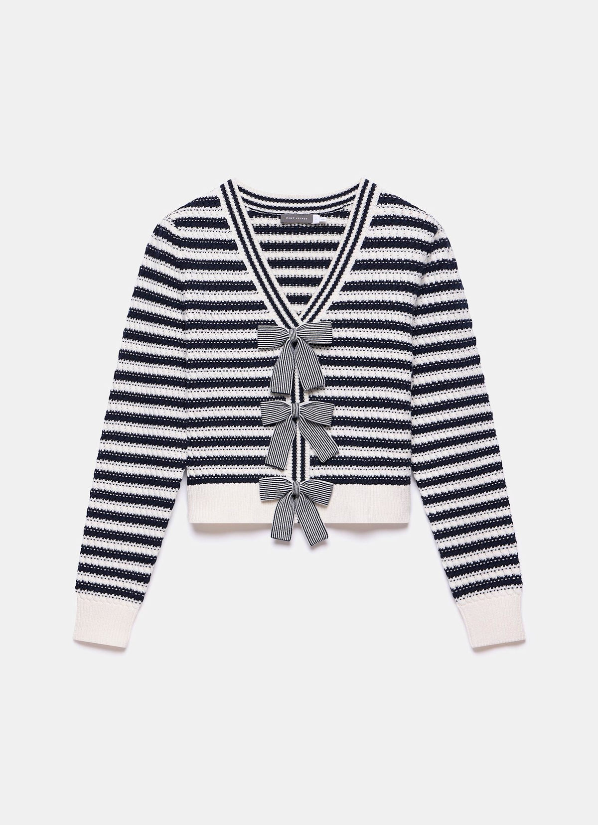 Navy Striped Cotton Blend Bow Cardigan