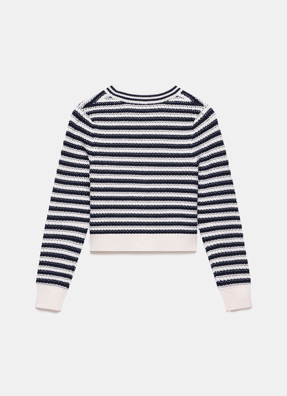 Navy Striped Cotton Blend Bow Cardigan