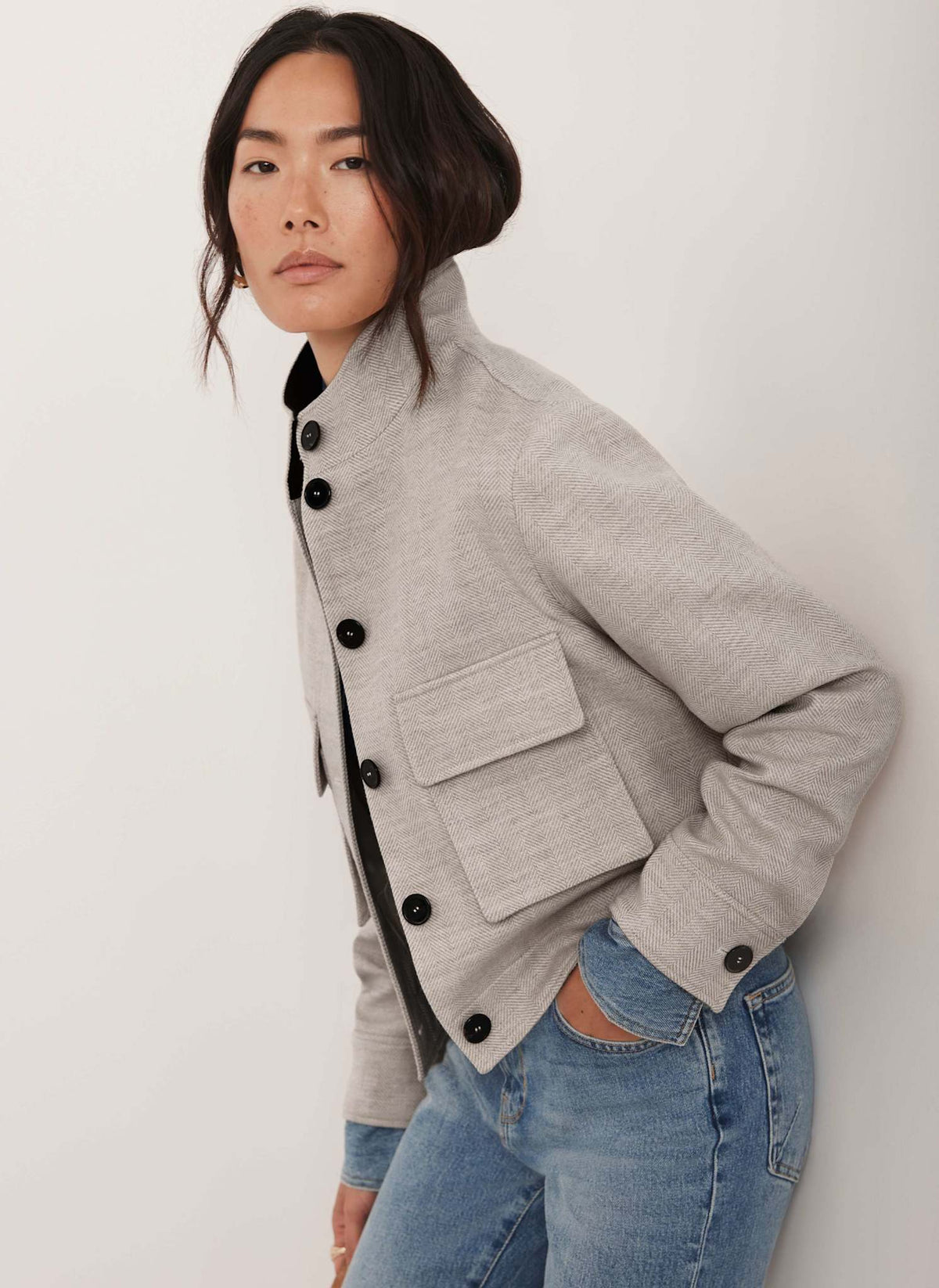 Neutral Wool Blend Herringbone Jacket