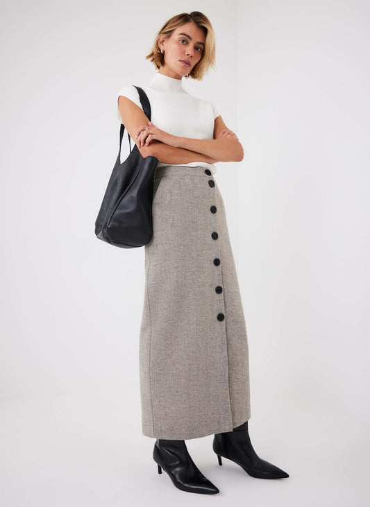 Neutral Herringbone Midi Skirt