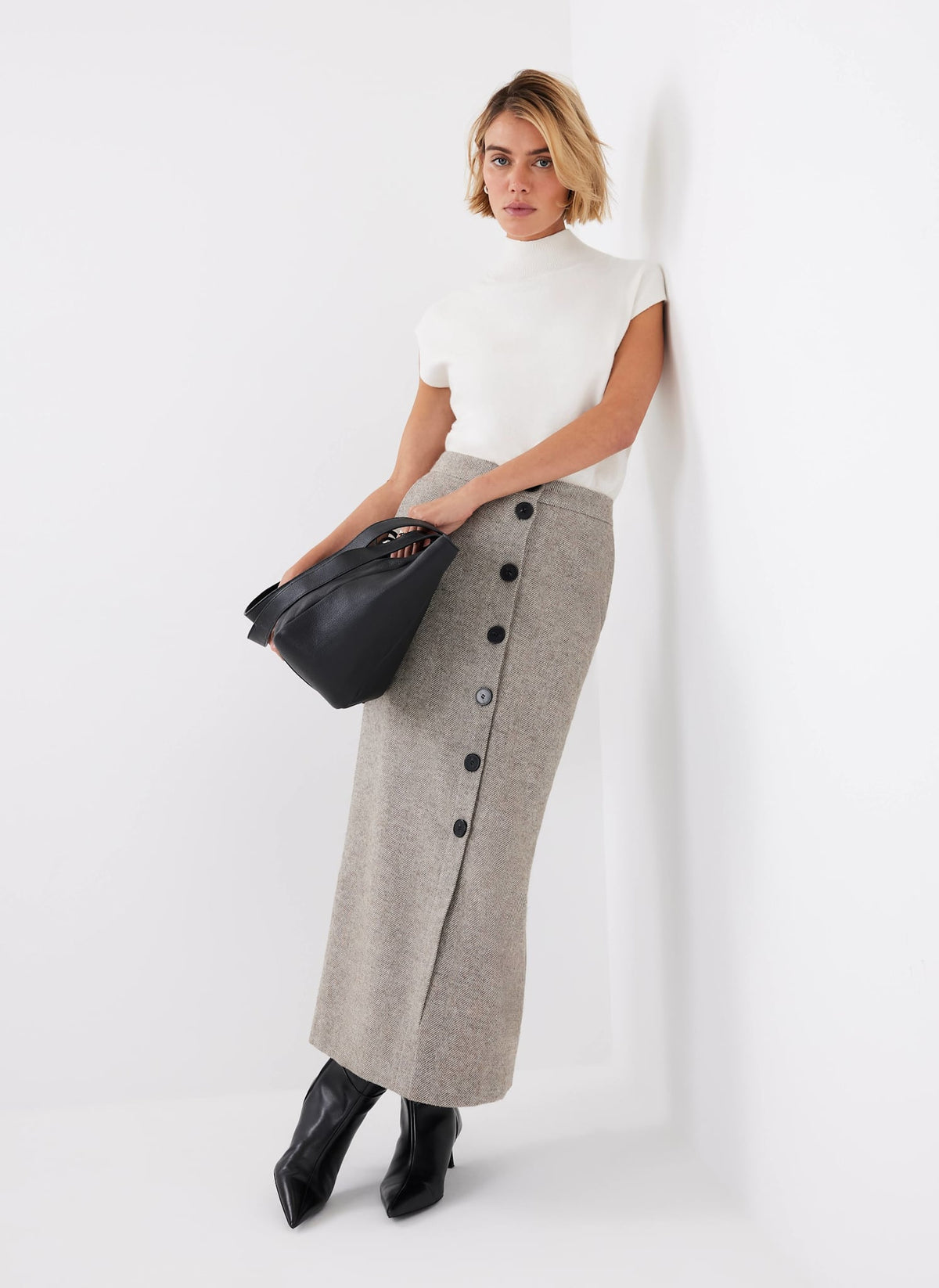 Neutral Herringbone Midi Skirt
