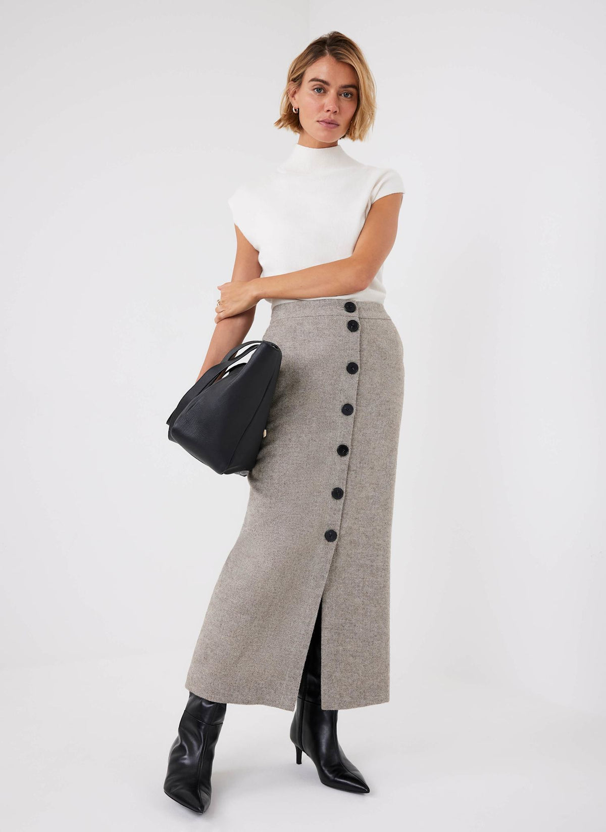 Neutral Herringbone Midi Skirt