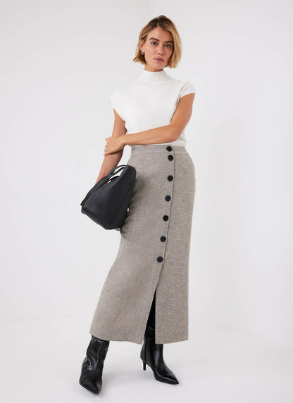 Neutral Herringbone Midi Skirt