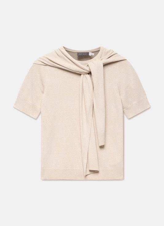 Neutral Cotton Blend Scarf Detail Knit Top