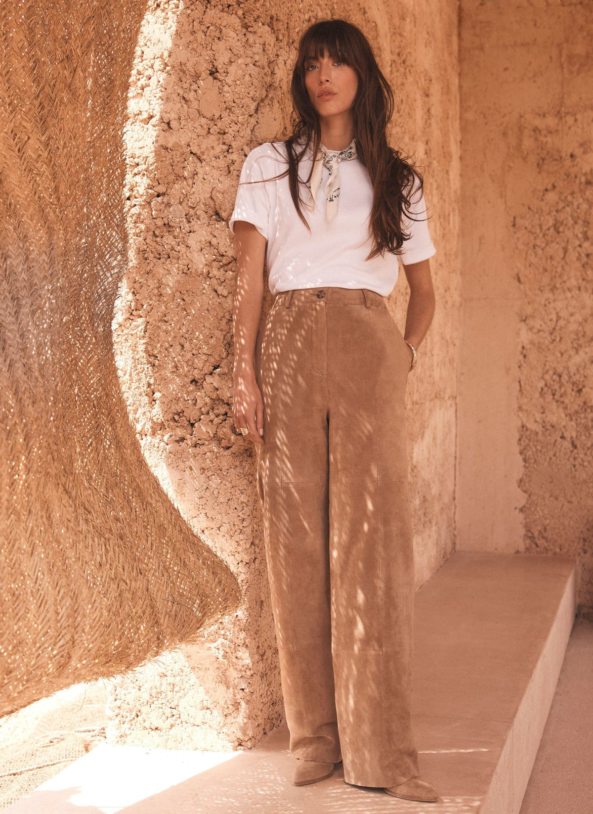 Neutral Suede Straight Trousers