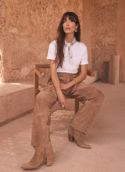 Neutral Suede Straight Trousers