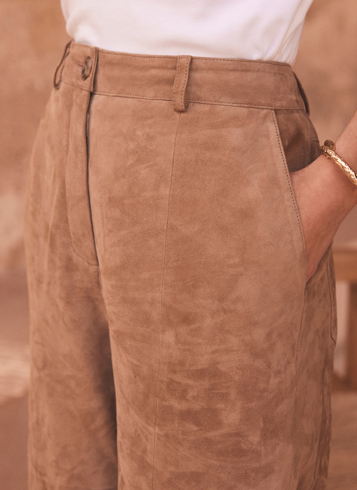 Neutral Suede Straight Trousers