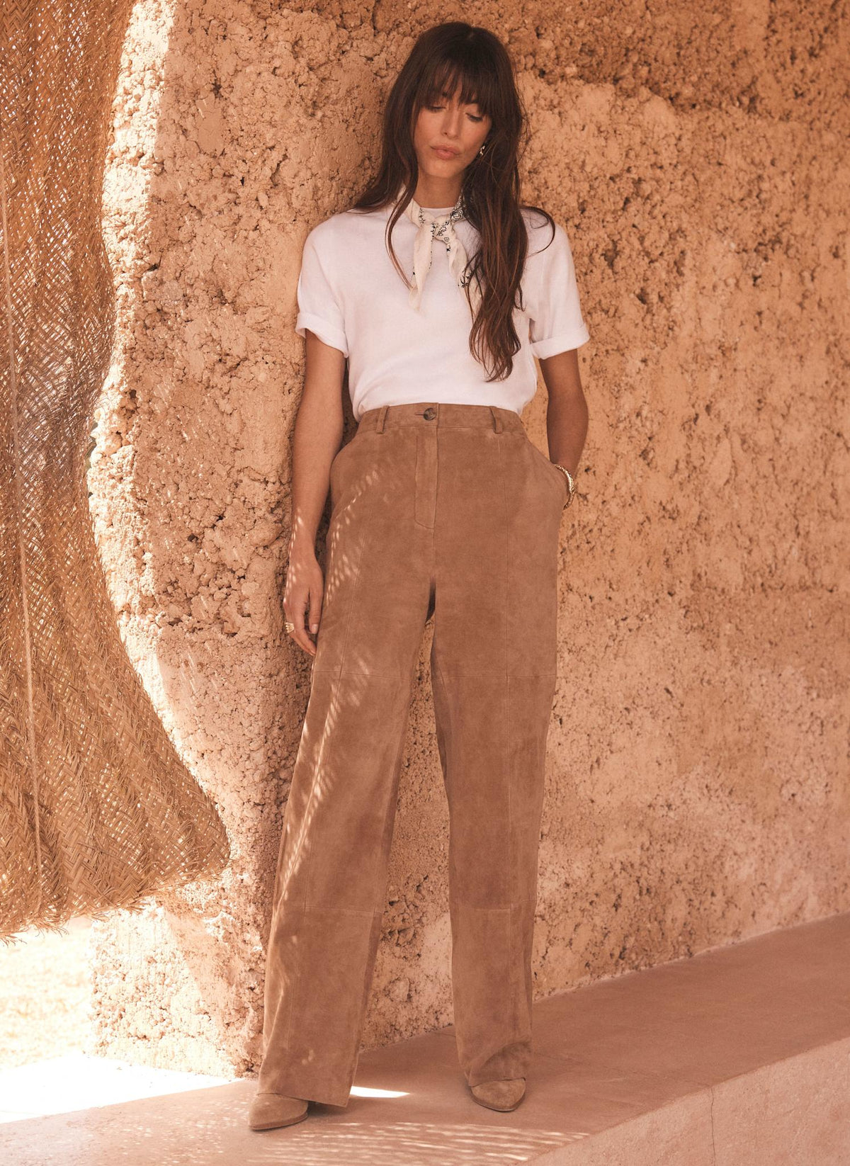 Neutral Suede Straight Trousers