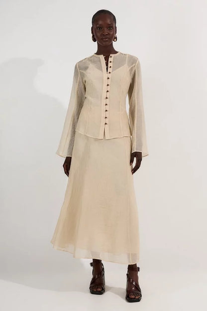 Crinkle Georgette Button Detail Woven Blouse